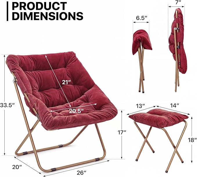 MoNiBloom Square Folding Faux Fur Saucer Chair for Bedroom Living Room Foldable Metal Frame Oversized Large Comfy Furry Padded Soft Cozy Moon Chair with Footrest Ottoman for Adults (Burgundy 2 Set)
