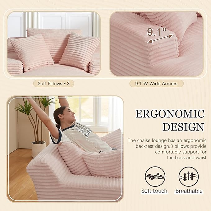 80 Inch Oversized Chaise Lounge Chair IndoorBoneless Corduroy Sofa Bed with Spring CushionDeep Seat Cloud Couch and Reading LoungerSoft Sleeper Sofa for Living RoomNo Assembly Required (Pink)