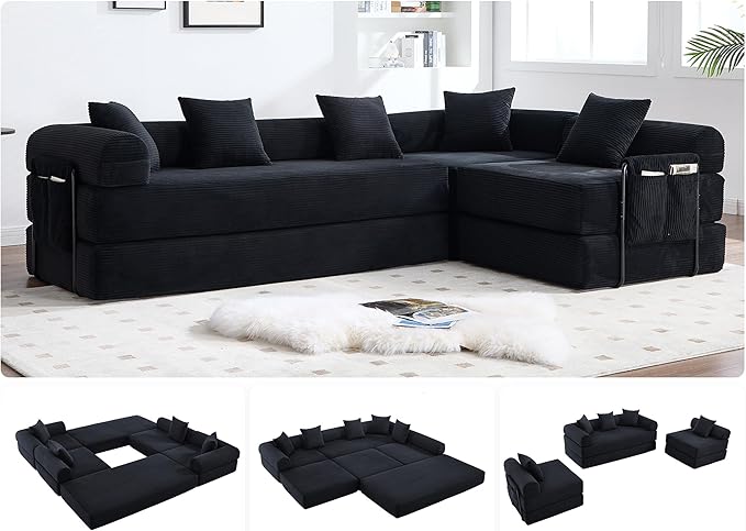 10-in-1 Folding Convertible Sofa Bed 141 Inch Boneless Couch with Fixed-Shape Frame Corduroy Modular Sectional Sofa Mattress Sleeper Sofa Floor Sofa Futon Couch for Living Room (Black)