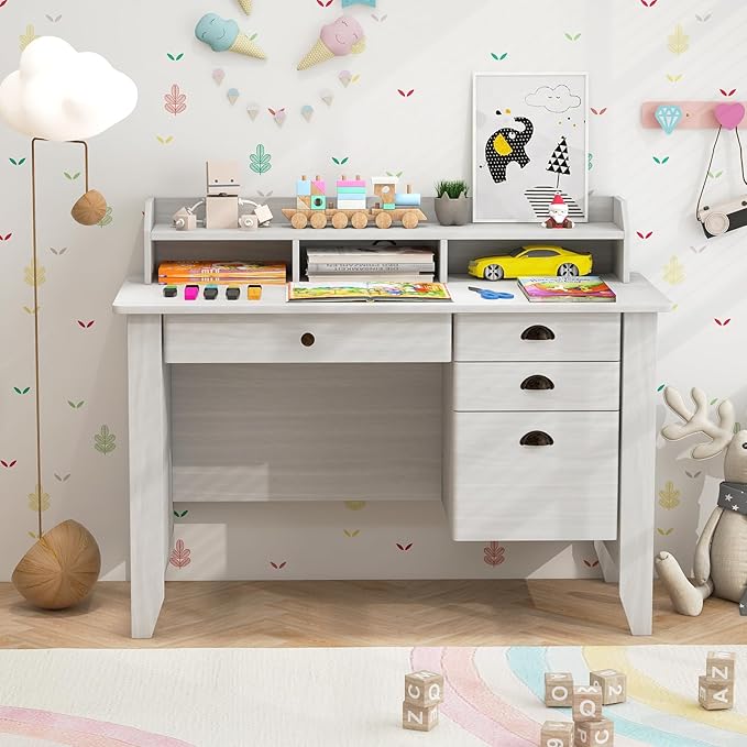 Safeplus 48 Computer Desk with 4 Storage Drawers and Hutch Wood Executive Table for PC Laptop