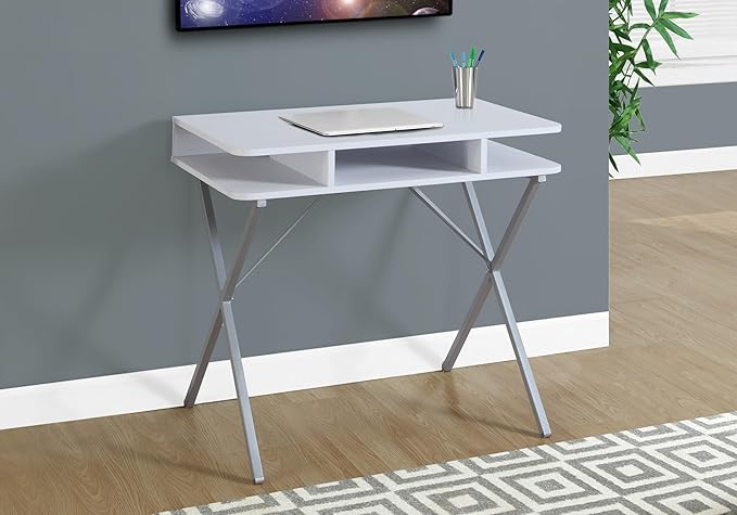 Penau Modern Computer Desk Home Office Furniture with Open Storage Shelves 31.5Inch L White Laminate Top Grey Metal Base