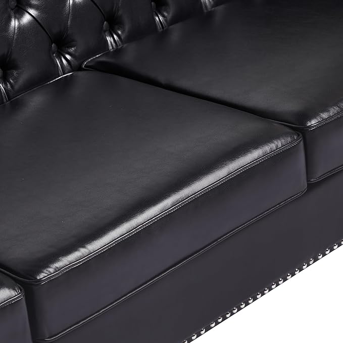 LEVNARY Chesterfield Loveseat Leather Upholstered Sofa with Button-Tufted Back Mid-Century Modern Sofa with Solid Wood Legs 2 Seater Couches for Living Room (Black)
