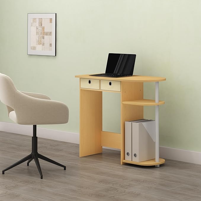 Ipoh Home Computer Desk 32 Inch Writing Desk Study Desk with Side Shelves and Bin Storage for Home Office Study Room Natural/White