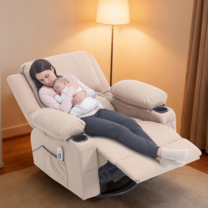 Faux Leather Swivel Rocker Recliner with Heat and Massage Cup Holders Overstuffed Rocking Glider Chair Heated Massaging Reclining Chair Beige