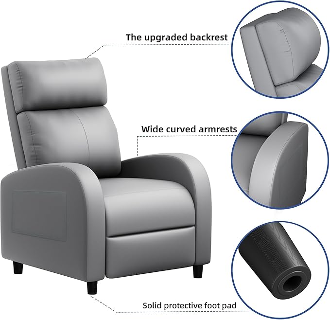 JUMMICO Recliner Chair Adjustable Home Theater Single Recliner Sofa Furniture with Thick Seat Cushion and Backrest Modern Living Room Recliners (Leather Grey)