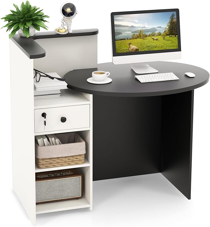 MAT EXPERT Reception Desk Front Desk with Open Shelves Lockable Drawer Round Tabletop Checkout Counter Retail Counter Computer Workstation for Office (White Cabinet &amp Black Desktop)