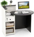 MAT EXPERT Reception Desk Front Desk with Open Shelves Lockable Drawer Round Tabletop Checkout Counter Retail Counter Computer Workstation for Office (White Cabinet &amp Black Desktop)