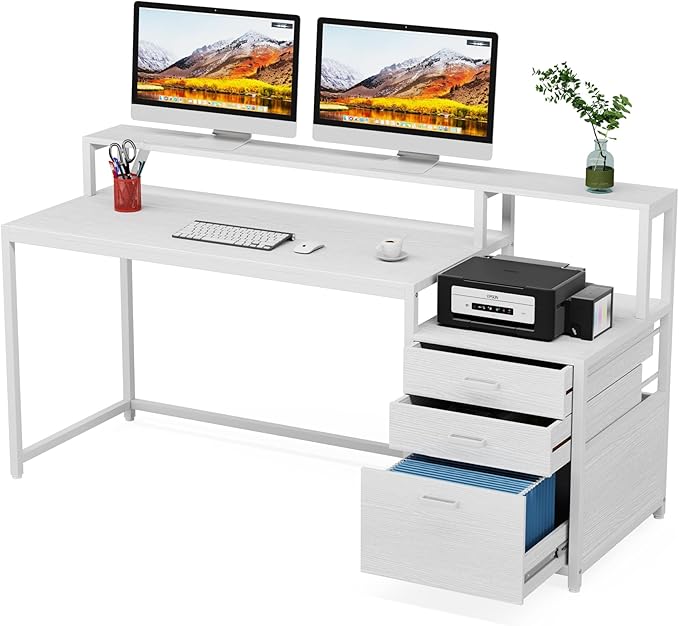Tribesigns 63 Inch Computer Desk with File Drawer Cabinet Ergonomic Office Desk with Monitor Stand Computer Table with Printer Space Wood PC Table Workstation Desk for Home Office White