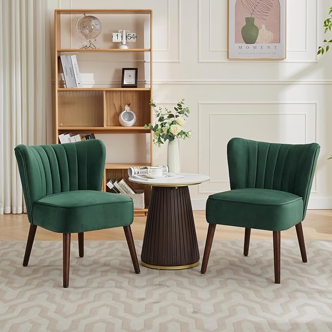 Modern Velvet Accent Chair for Living Room – Mid-Century Wingback Lounge Chair with Solid Wood Legs 300lb Capacity – Plush Upholstered Armchair for Bedroom Office Reading NookGreen