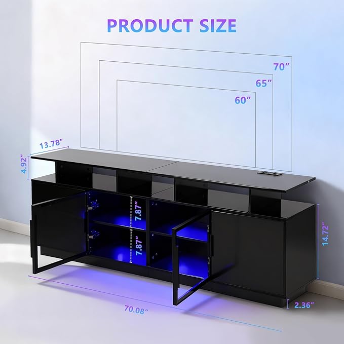 70 Inch Black TV Stand with LED Lights Power Strips and USB Charging Station for Mobile Phones Transparent Glass Door Storage Cabinet Entertainment Center with Large Storage Space