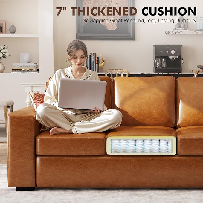 ABCASA 85 Sofa Couches for Living Room Faux Leather Sofa 3-Seater Comfy Modern Couch for Apartment OfficeBrown