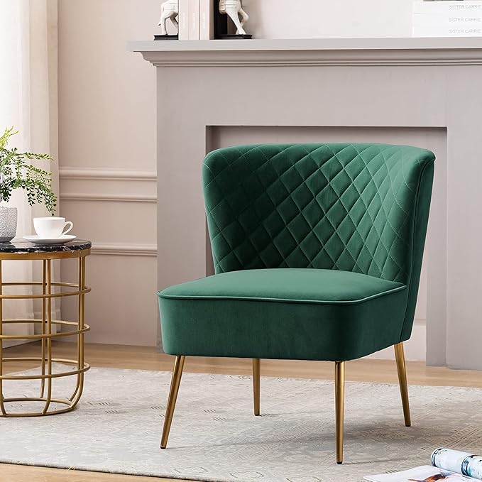 DUHOME Velvet Accent Chair Armless Slipper Chair Vanity Makeup Chair with Back Upholstered Sofa with Golden Legs Barrel Chair for Living Room Bedroom Dark Green