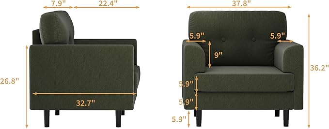 38 Wide Sage Green Accent Chair Modern Linen Upholstered Armchair with High-Density Foam Comfy Reading &amp Lounge Chair for Living Room Bedroom Home Office &amp Reading Nook (Earthy Green Tone