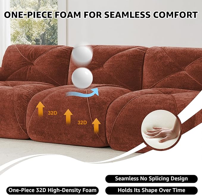 Red L-Shaped Sectional Couches for Living Room Velvet Fabric Boneless Couch No Assembly Cloud Modular Sectional Sofa with 1 Ottoman Foam Couch Compressed Sofa Set for Apartment Sofas para Sala