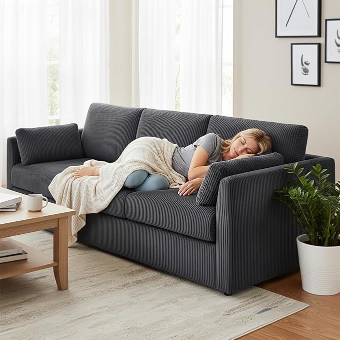 79 L Shaped Couch with Storage Ottoman 3 Seater Corduroy Sofa with 2 Pillows and Storage Pockets Convertible Small Couches for Living Room Apartment Small Spaces Home Office Grey