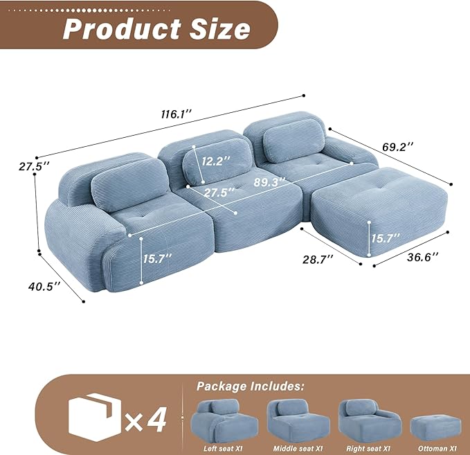 SoarFlash 117 Modern L-Shaped Modular Sectional Sofa for Living Room Corduroy Upholstery Oversized 3-Seater Couch with Deep Seat and Movable Ottoman-No Assembly Blue