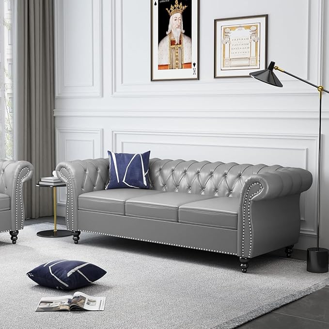 Chesterfield 3 Seater Sofa Modern Leather Tufted Couch 3 Seater with Rolled Arms and Nailhead Mid-Century Upholstered Couch for Living Room Bedroom Apartment and Office Grey