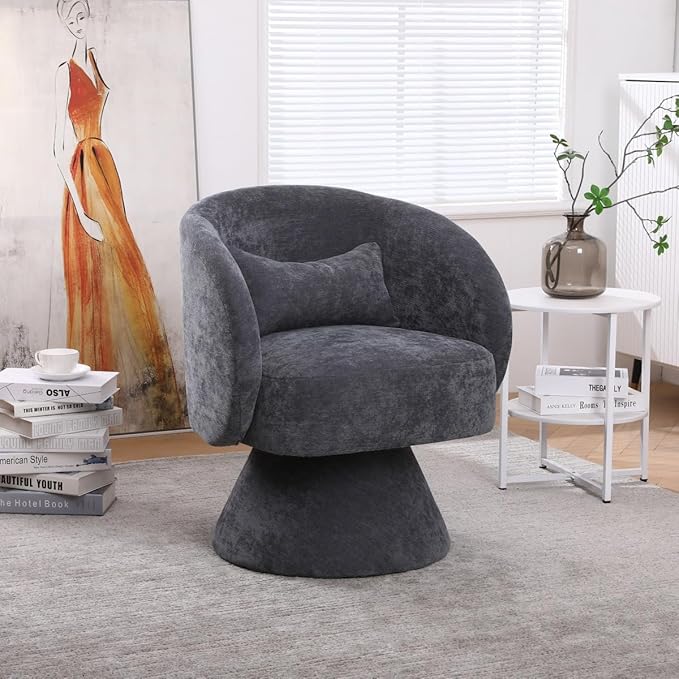Swivel Accent Chair Swivel Barrel Chair with Pillow 360 Degree Swivel Armchair Round Club Chair for Living Room Bedroom Office Lounge (Dark-Gray+Linen)
