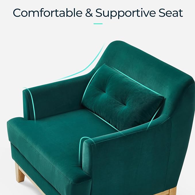 LINSY Large Accent Chair Set of 2 Velvet Reading Chair with Rubberwood Base Armchair with Lumbar Pillow Cozy Single Sofa Chair for Reading Room Apartment Living Room Bedroom Office Green