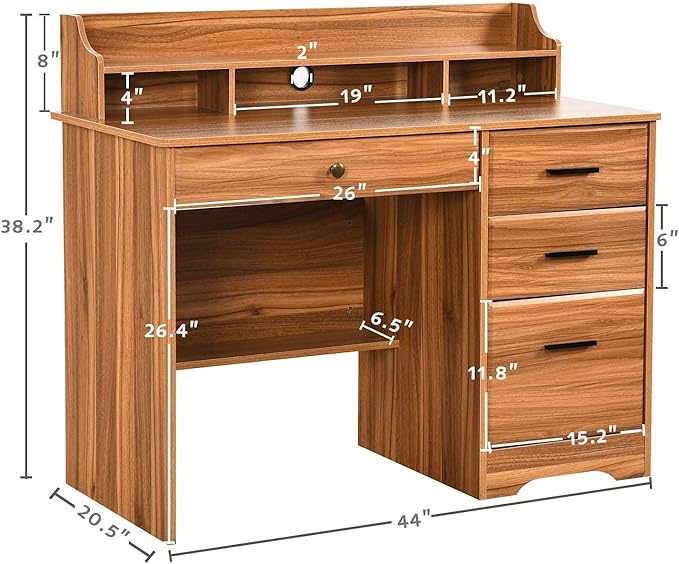 Catrimown Computer Desk with 4 Drawers and Hutch Home Office Desk with File Drawer 44” Rustic Oak Wood Desk Study Table for Bedroom Rustic Oak