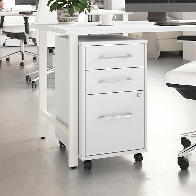 Bush Business Furniture 3 Drawer Rolling File Cabinet with Lock - Assembled Office Organization Hustle Collection White