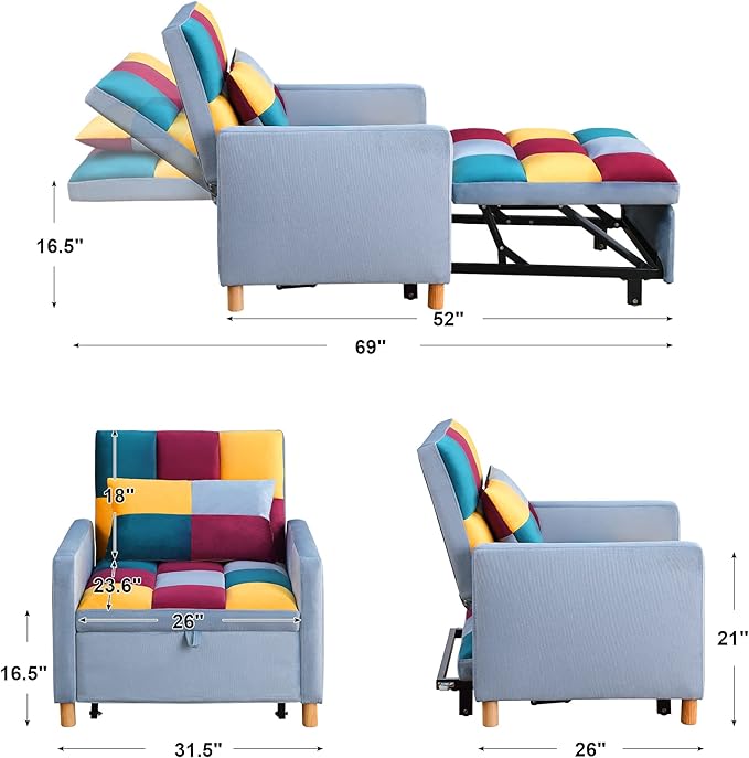 3-in-1 Convertible Chair Bed Single Sofa Bed with Adjustable Backrest Lounger for Living Room (Rainbow)