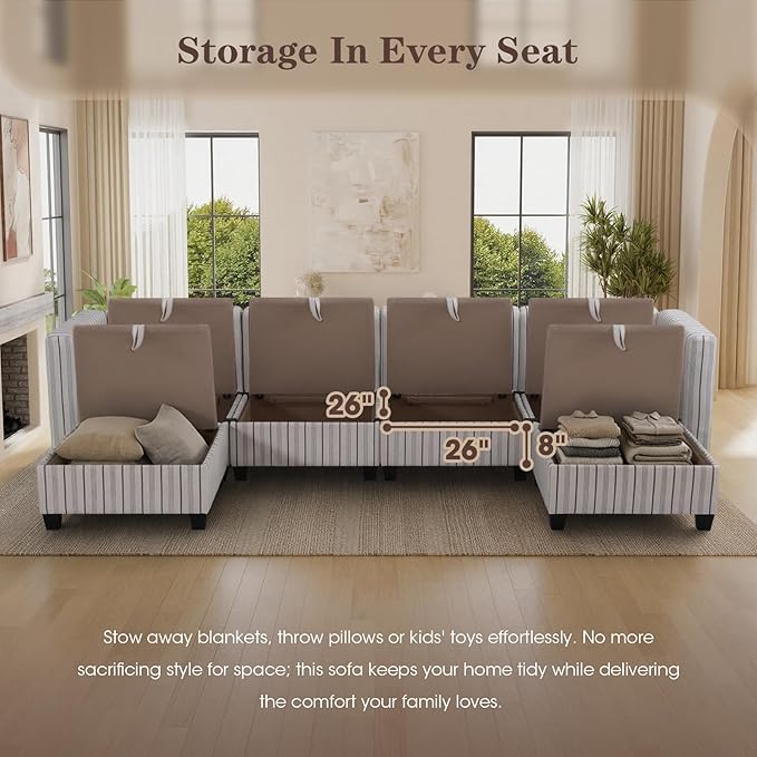 6 Seat Modular Sectional Sofa with Storage Convertible Sectional Couch Modular Sofa with Chaise Living Room Furniture Sets U Shaped Couch with Ottoman Couches for Living Room Blue Stripe