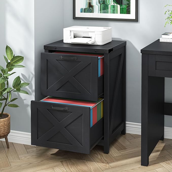 2 Drawer Small File Cabinet Farmhouse Vertical Filing Cabinet Fits Letter and A4 Size Under Desk Wooden File Cabinets for Home Office Printer Stand Black