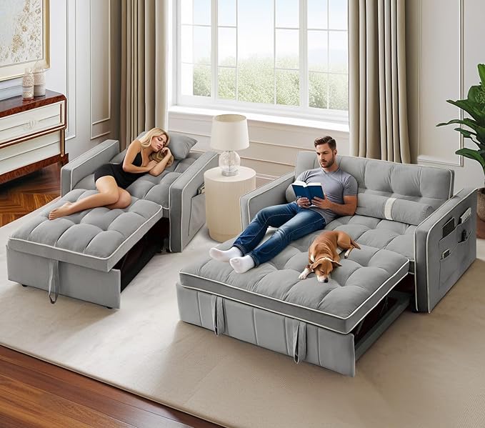 35-inch Futon Sofa Chair with Pull Out Bed Modern Tufted Velvet 3 in 1 Convertible Sleeper Sofa Chair with a Pillow for Small Space Living Room Apartment Bedroom Grey