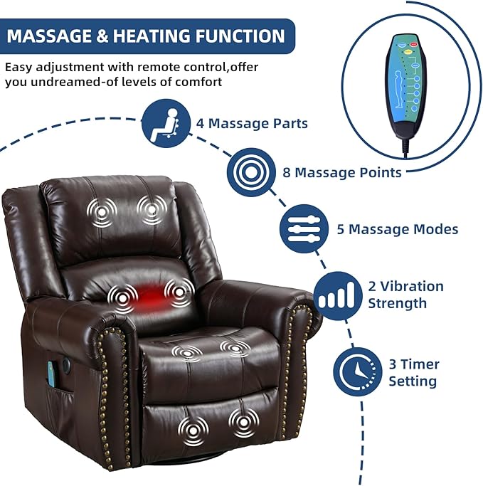 Swivel Rocker Recliner Chair with Heat and Vibration 360° Swivel Glider Rocker Manual Reclining Chair Massage Rocking Lounge Recliners with Side Pockets/USB Ports for Living Room Brown