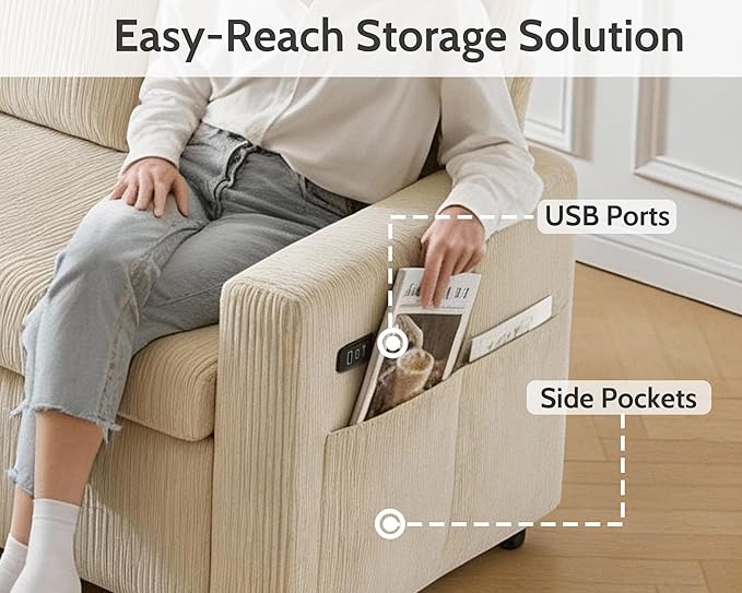 WEUP 82 L Shaped Sectional Sleeper Sofa Bed with Pull Out Bed Sectional Sleeper Couch Pull Out Couch with Reclining Backrest/Reversible Storage Chaise/USB Ports/Tool-Free Assembly Corduroy Beige
