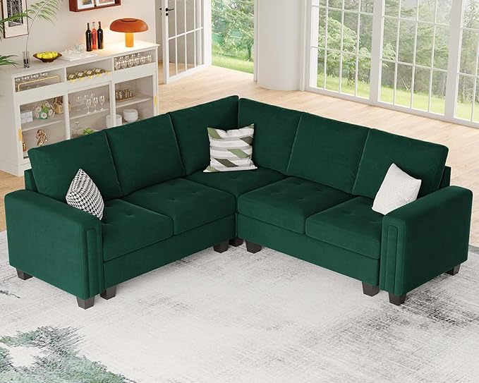Belffin Velvet Modular Sectional Sofa Convertible Sectional Sofa Couch with Reversible Chaise L Shaped 4 Seater Corner Sofa Couch Green