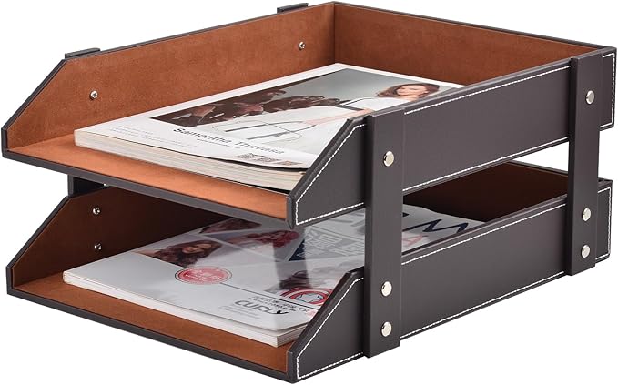 Leather Desk Organizer2-Tier Stackable Letter Tray HolderOffice Supplies Desktop Storage Box for DocumentStationeryMagazinesNewspapersLetters and Other Home Office Paper SundriesCoffee