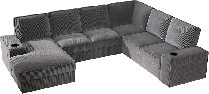 PaPaJet U Shaped Couch 112 Inch Oversized Couch with Storage Chaise Sectional Sofa with Cup Holders &amp 2 USB Ports Corduroy Grey Sofa