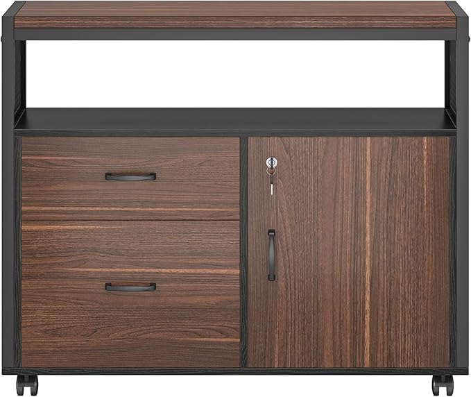 Tribesigns Modern File Cabinet with Drawers for Letter-Sized File and Door Lockable lateral Filing Cabinet Printer Stand with Storage Shelves and with Rolling Caster for Home Office (Dark Walnut)