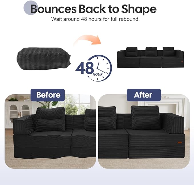 COMAX Futon Sofa Bed 3 Seater 106 Convertible Sofa Bed Couches for Living Room 4 in 1 Folding Boneless Sleeper Corduroy Couch Foam in a Box Comfy Foldable Lounge Fold Out Floor Mattress Black