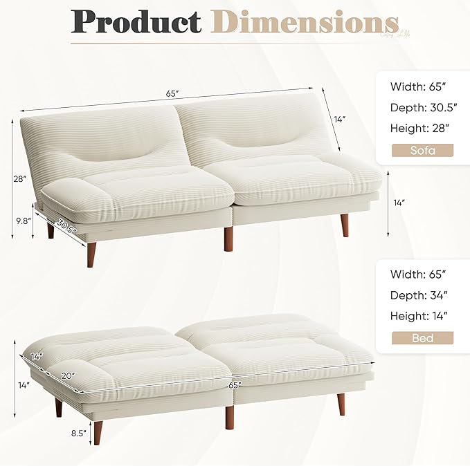 Homall Futon Sofa Bed Modern Loveseat Futon Couch with Adjustable Backrest and Armrests Sleeper Sofa Bed with Wood Frame for Living Room Office Apartment (Corduroy White)