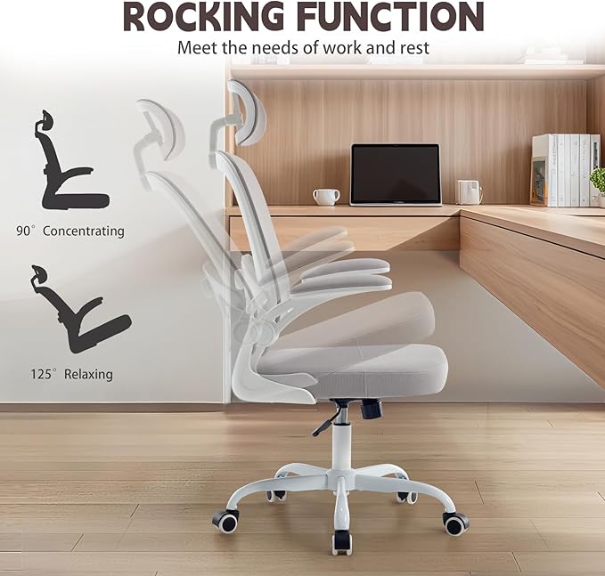 Ergonomic Office Chair with 3D Adjustable Lumbar Support Mesh High Back 75° Rotating Headrest Rocking Function 300lbs Capacity Black/White (White)