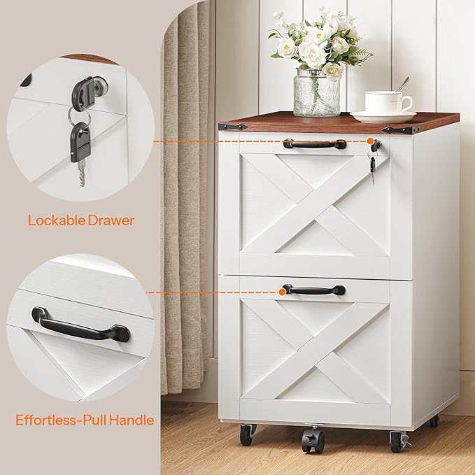 HOOBRO 2 Drawer File Cabinet with Lock Under Desk Mobile Filing Cabinet for Home Office Wooden Farmhouse Office Storage Cabinet Printer Stand Fits Letter and A4 Size Walnut and White WH66WJ01
