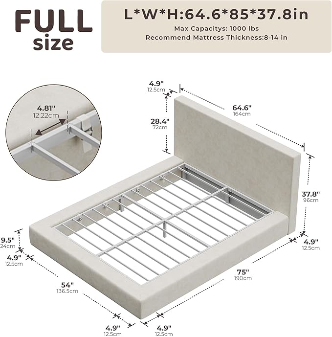 RECCI AirFrame Full Size Bed Frame with Headboard Cloud Upholstered Platform Bed Frame 5 Inch Foam Cushioned No Box Spring Easy Assembly(Beige Chenille)