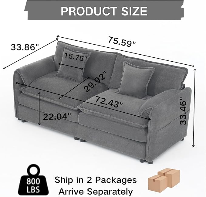 Modular Sectional Sofa - 76 Chenille Cloud Couch for Living Room &amp Apartment Deep Seat Comfort Flexible Loveseat Combination Sofa for Home &amp OfficeGrey