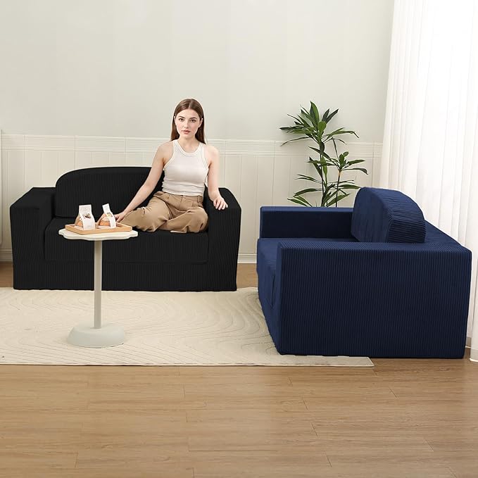 MeMoreCool Convertible Sofa Bed Pull Out Loveseat Sleeper Sofa Small Boneless Cloud Couch Bed for Adults Fold Out Foam Love Seat Black Corduroy Folding Floor Couch for Bedroom