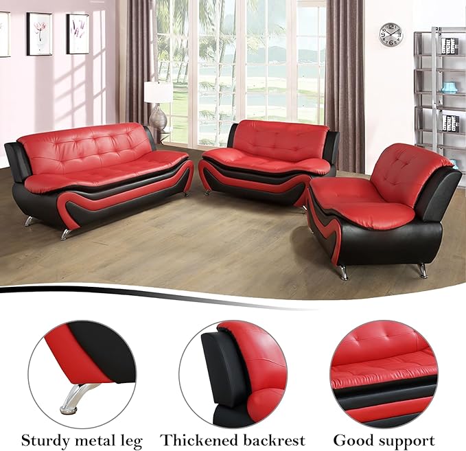 Living Room Furniture Set for Living Room Faux Leather Couch Sets Modern Couch for Apartment Home Office(LoveseatRed&ampBlack)