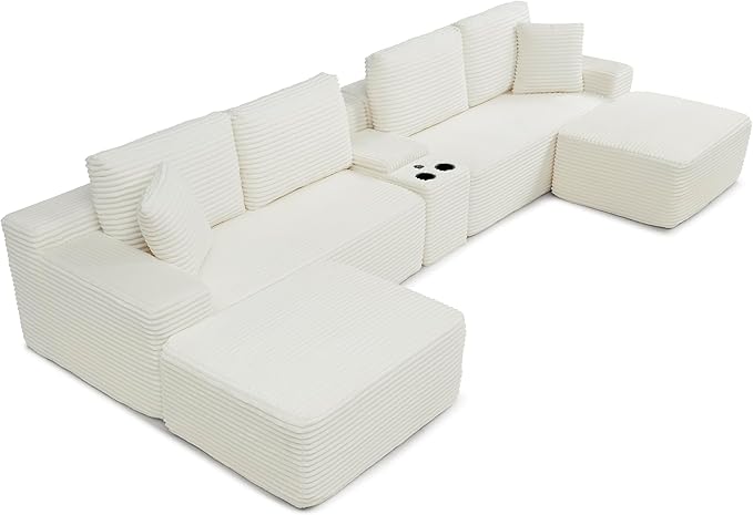 150 Oversized U Shaped Cloud Sectional Couches for Living Room Comfy Fluffy Corduroy Upholstered Boneless Couch Large Modular Sectional Sofa with Ottomans Cup Holder USB Port Console | Storage