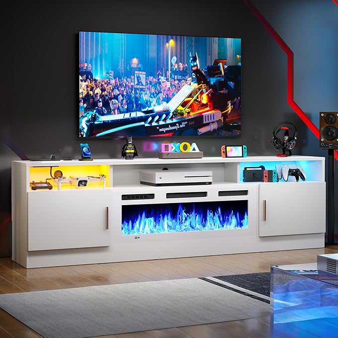 oneinmil 70 Fireplace TV Stand with Power Outlet for TVs Up to 80 Electric Fireplace Entertainment Center with LED Lights &amp Storage Cabinets Media Console Table for Living Room White