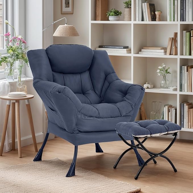 Lazy Chair with Ottoman Large Navy Accent Chair with Ottoman Comfy Reading Armchair Leisure Sofa Chair for Living Room Bedroom Dorm Room Office