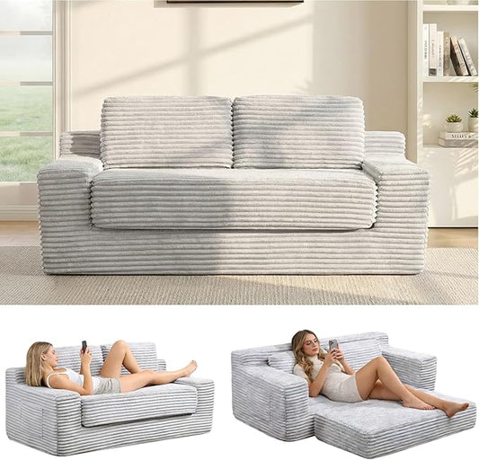 71 Corduroy Cloud Loveseat Sofa Bed Pull Out Convertible 2-in-1 Boneless Couch Deep Seat 2-Seater Design No Assembly Floor Sofa with Side Pockets for Living Room Bedroom Apartment (Grey)