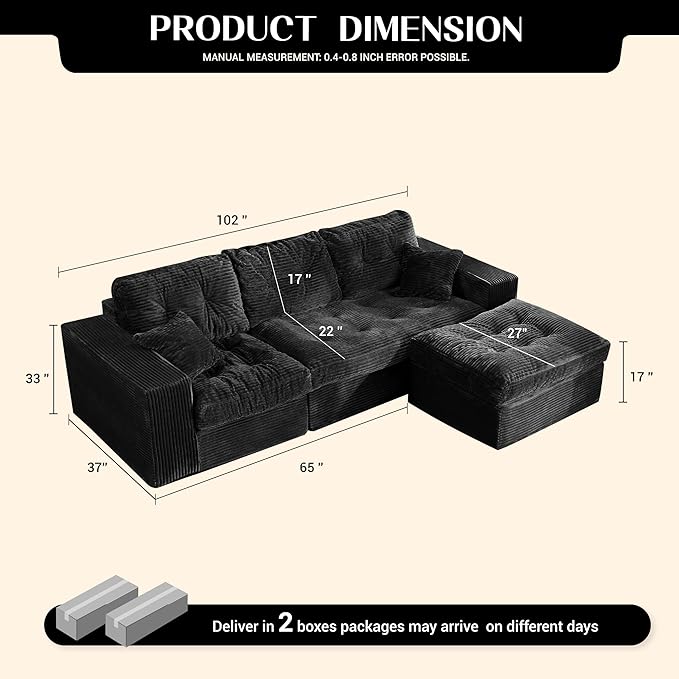 Modular Sectional Sofa 102” L-Shaped Corduroy Couch with Ottoman Deep Seat Comfy Sectional for Living Room Set of Soft Upholstered Cloud Couch for Apartment Black