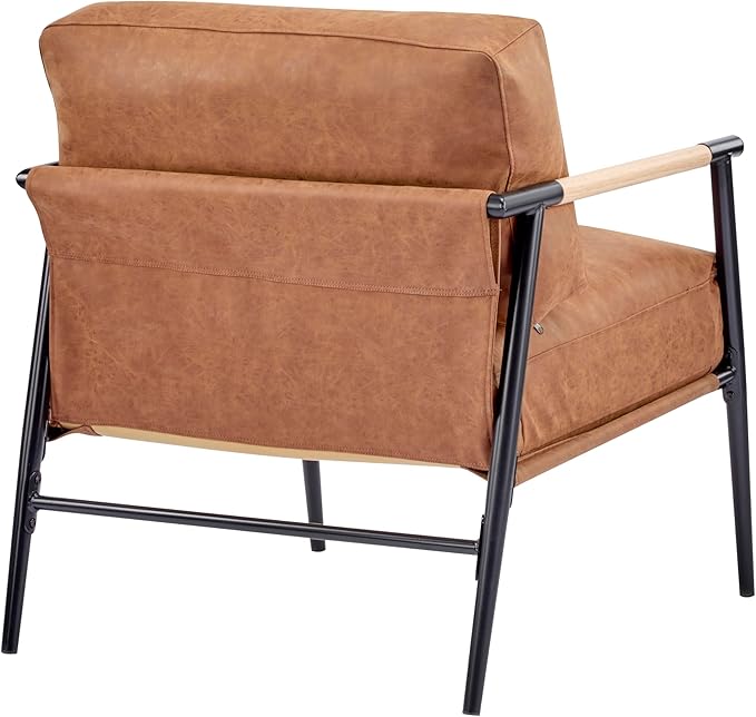 Modern Minimalist Accent Chair Soft Polyester Fabric with Metal Frame and Wood Armrests Living Room Bedroom Office Seating (Brown)