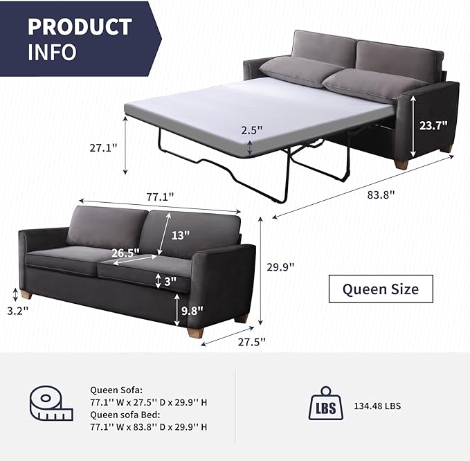 77 Queen Size Pull Out Sofa Bed 2 in 1 Sleeper Sofa Couch Bed Velvet Modern Convertible Guest Sofa Couch Beds Queen Mattress Cushions Pillow Include for Home Apartment Office Dark Grey